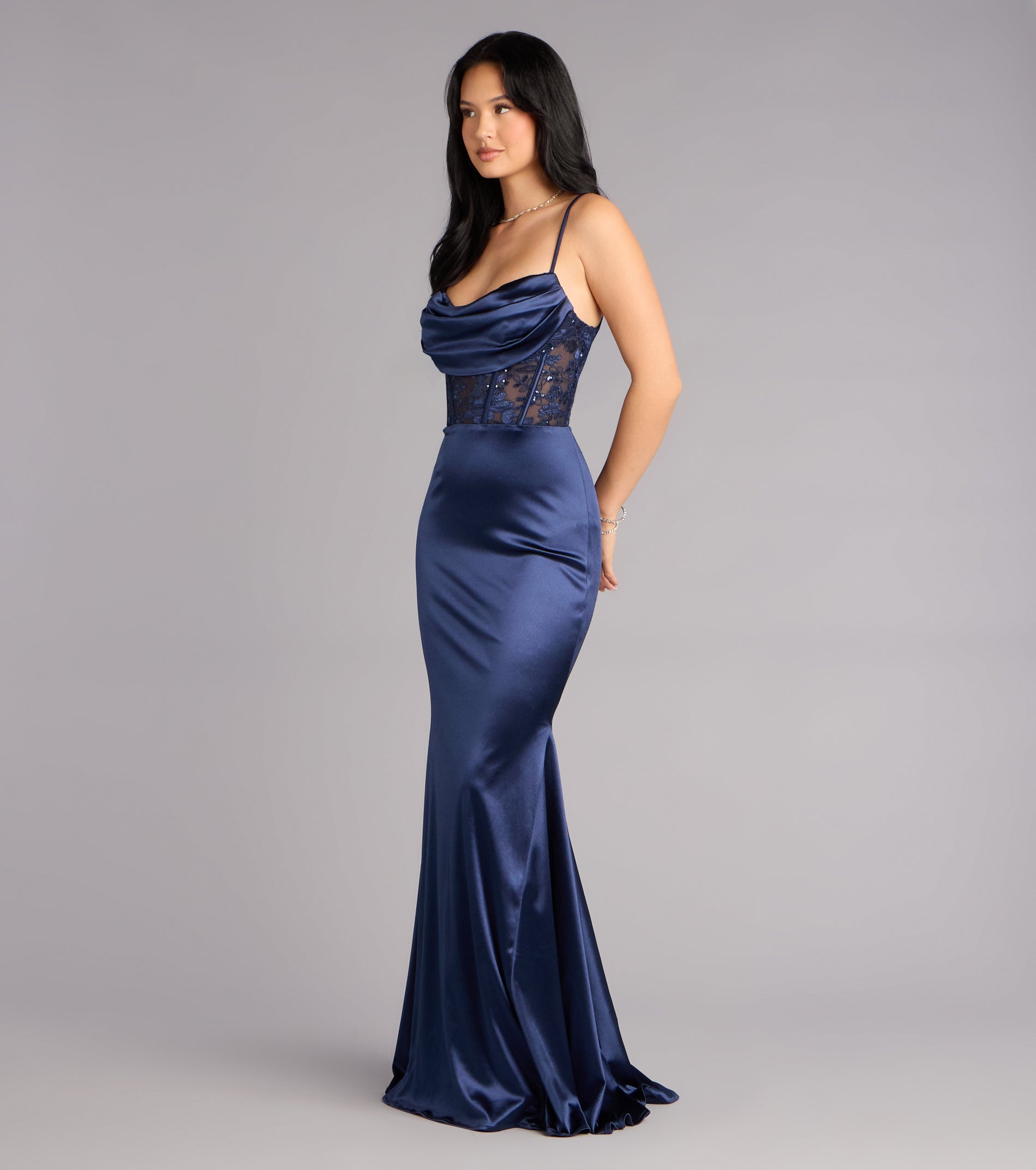 Gigi Satin Sequin Lace Formal Dress