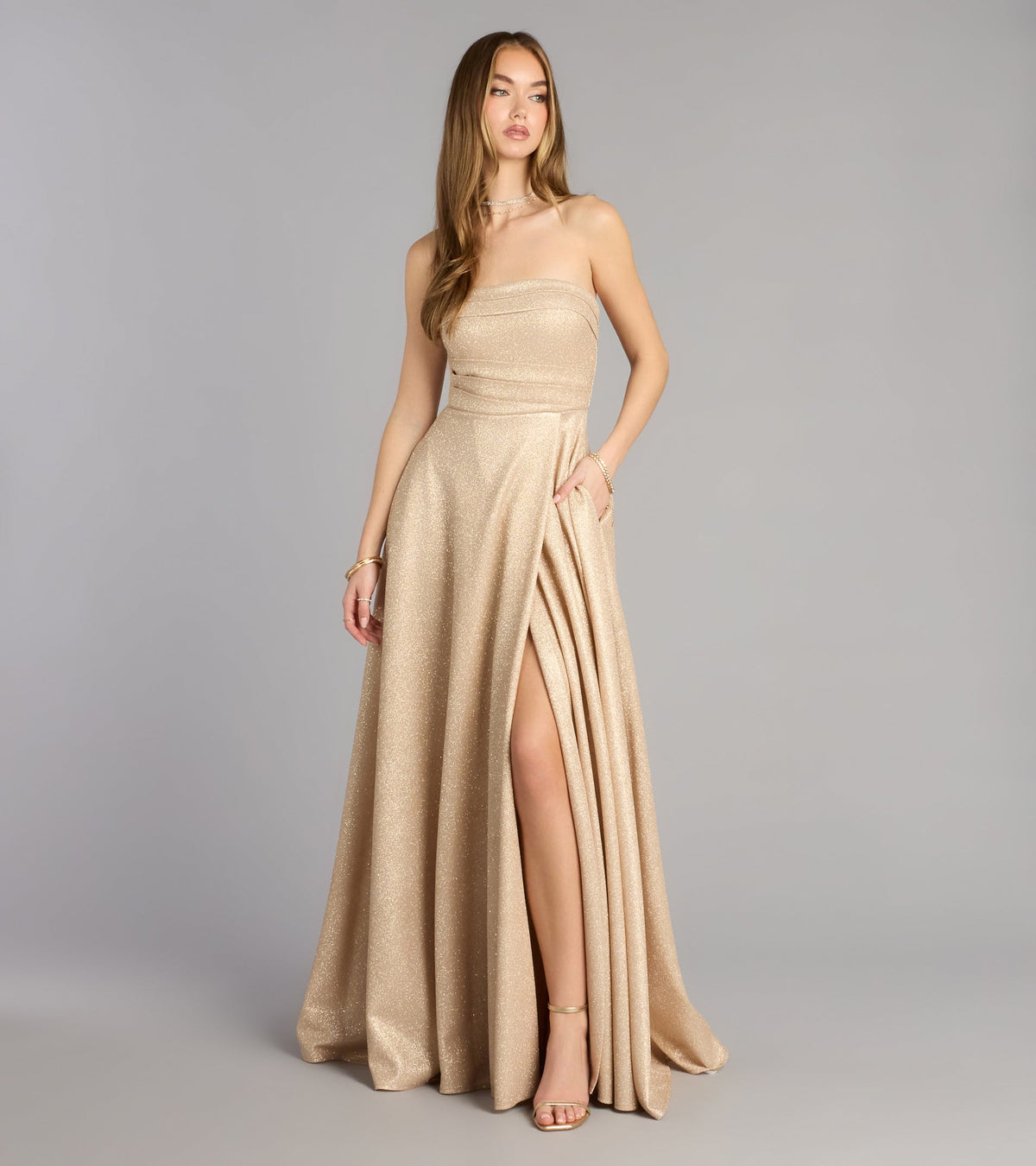 Klaudia Glitter A-Line Slit Formal Dress