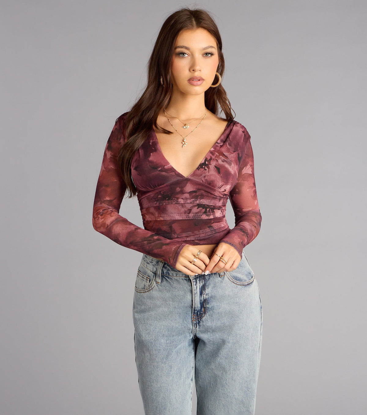Soft Focus Drama Mesh Plunge Crop Top