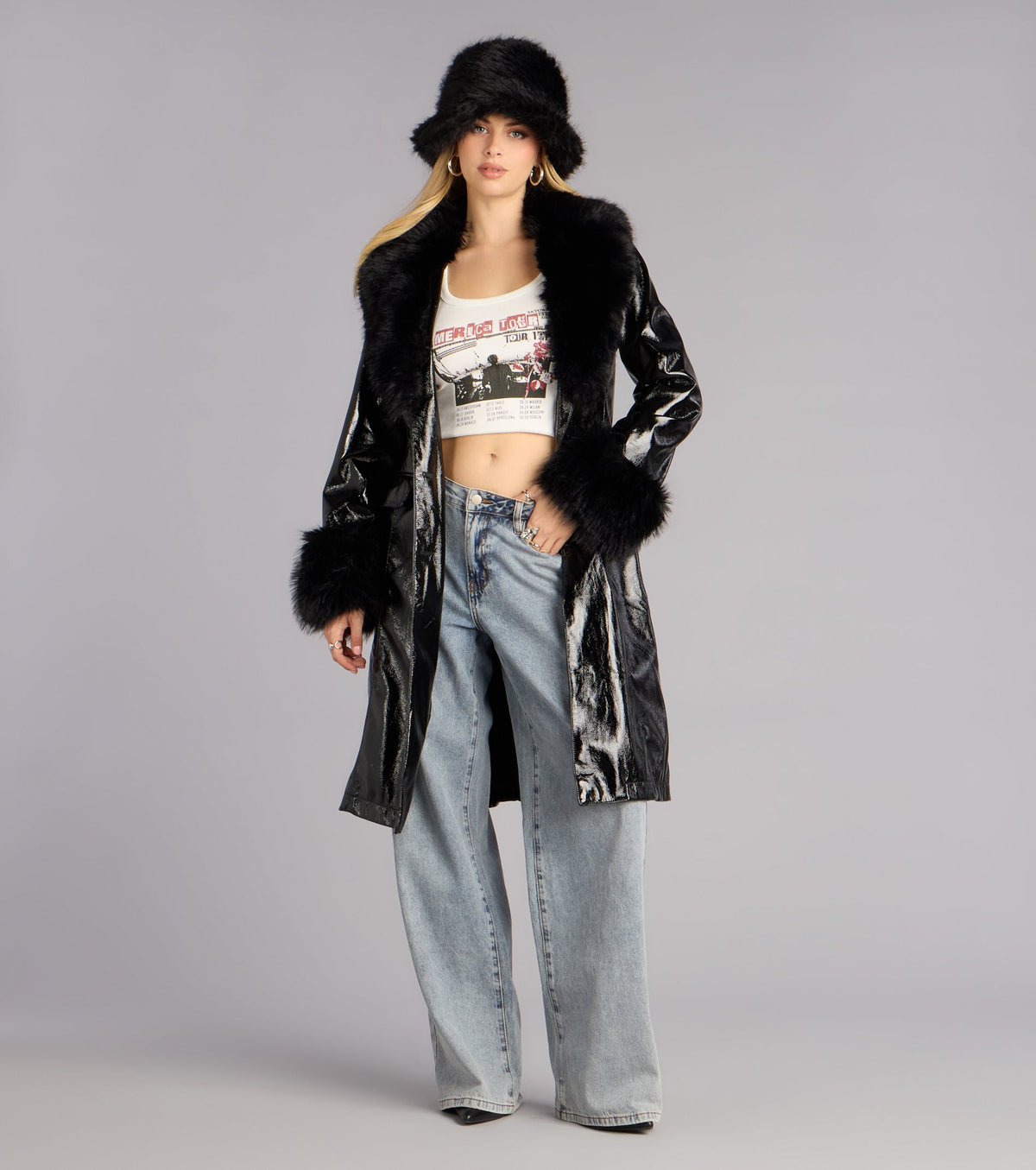 Glam Games Faux Fur Trim Trench Coat